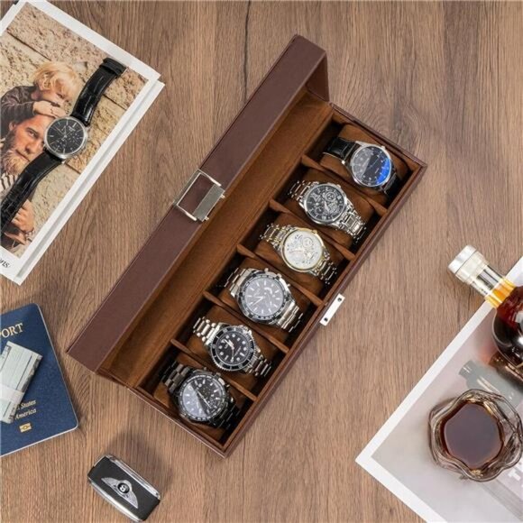 Mens Watch Box 6 Slot PU Leather Watch Organizer Display Glass Lid Brown - Picture 2 of 7